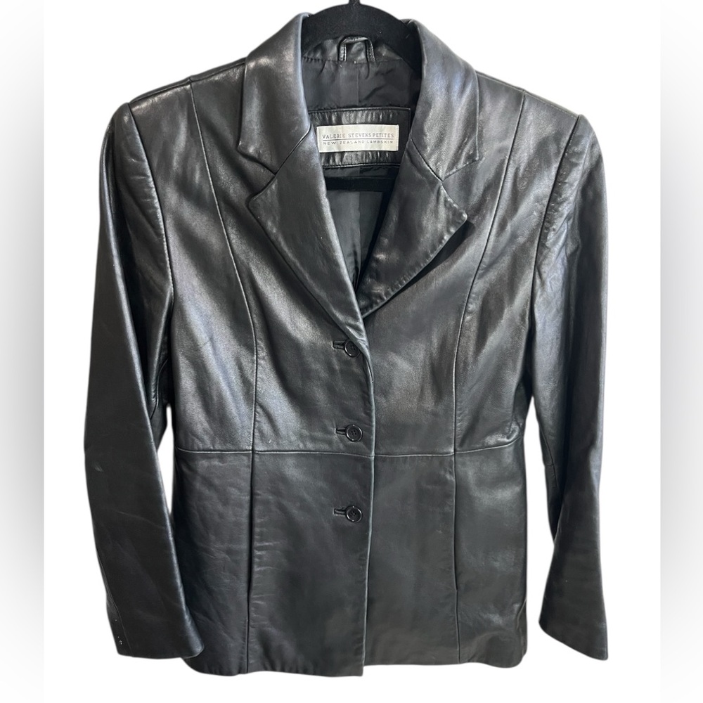 Vintage Y2K Valerie Stevens Black New Zealand Lamb Leather Blazer Small Petite